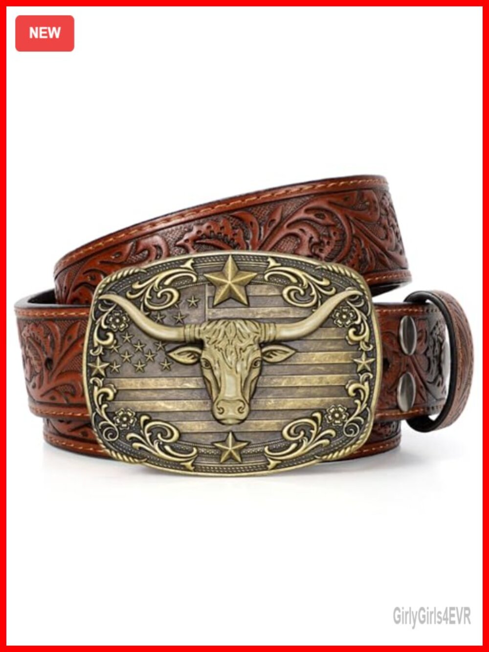 Western Cowboy Belt Cow Split Leather Bull Buckle 1.5" Wide